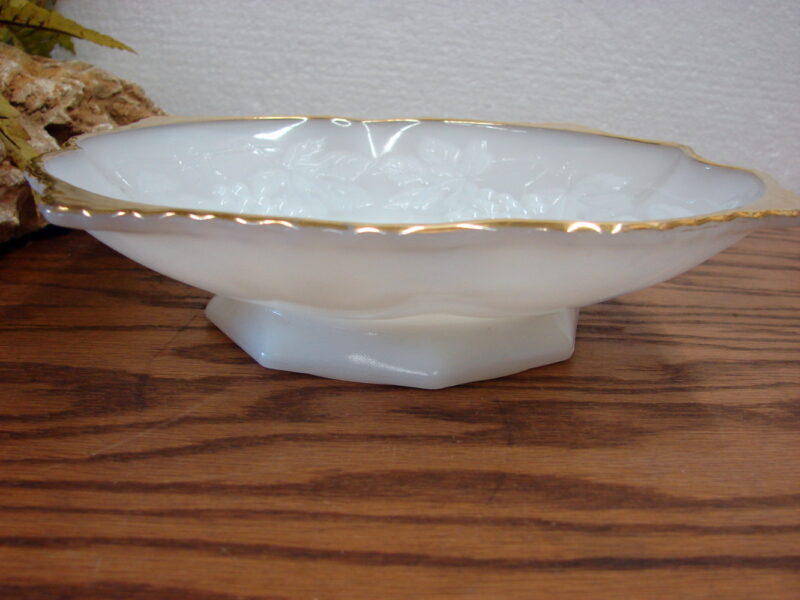 Vintage Fire King Milk Glass Gold Trim Grape Vine Embossed Bowl, Moose-R-Us.Com Antiques Collectibles Log Cabin Decor