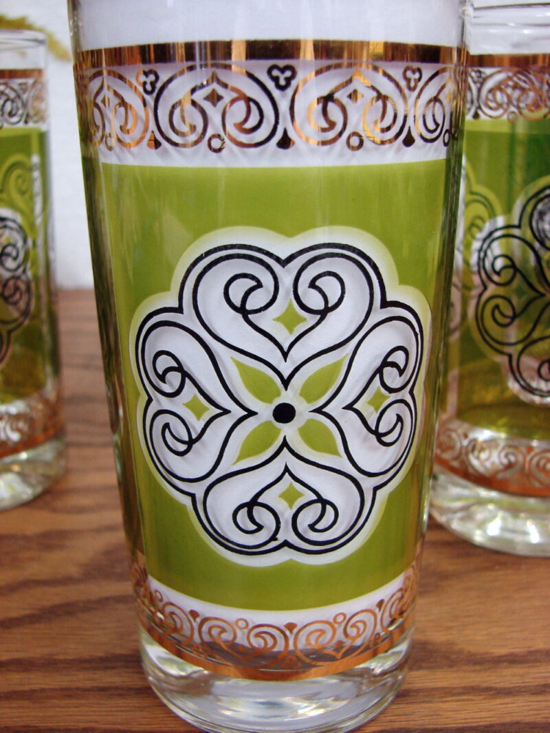 Vintage MCM Avocado Green Gold Stain Glass Highball Glasses Set/5, Moose-R-Us.Com Log Cabin Decor