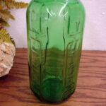 Set/2 Vintage Emerald Green Embossed Measuring Juice/Water Refrigerator Jar Vase - Image 2