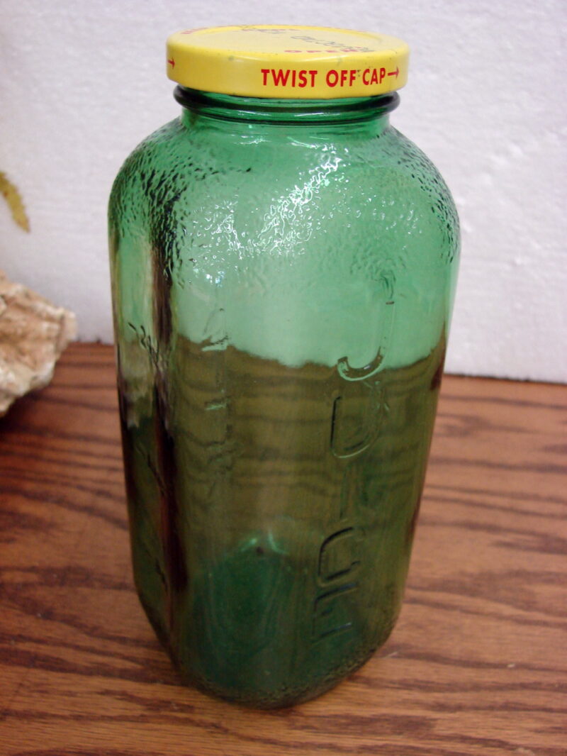 Set/2 Vintage Emerald Green Embossed Measuring Juice/Water Refrigerator Jar Vase, Moose-R-Us.Com Log Cabin Decor