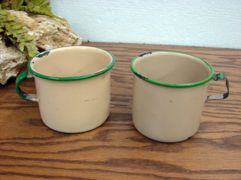 Vintage Enamelware Tin Mug Cups Tan Cream Green Trim Two Styles, Moose-R-Us.Com Log Cabin Decor