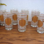 Vintage MCM Hazel Atlas Frosted Gold Leaf Gilt Aztec Highball Glasses Set/7 - Image 2