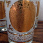 Vintage MCM Hazel Atlas Frosted Gold Leaf Gilt Aztec Highball Glasses Set/7