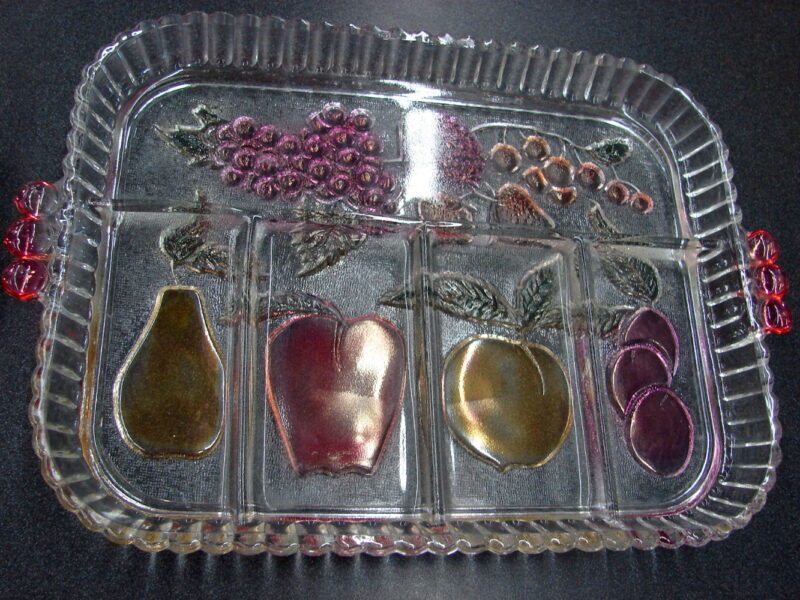 Vintage Indiana Glass Rainbow Mist 5 Part Divided Embossed Handled Tray, Moose-R-Us.Com Log Cabin Decor