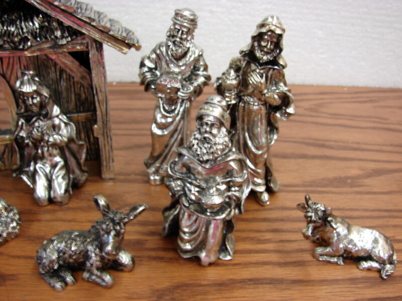 11 Pc Christmas Nativity International Silver Co Creche Figurines in Box, Moose-R-Us.Com Antiques Collectibles Log Cabin Decor