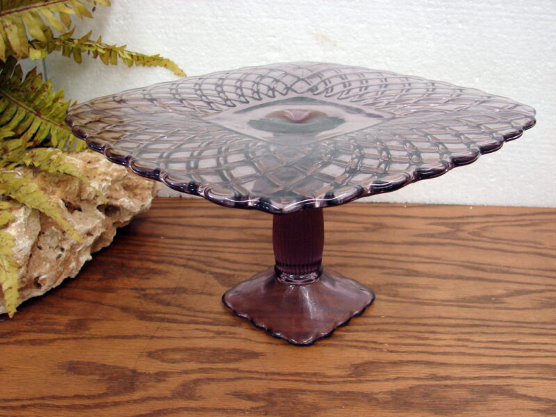 Vintage LE Smith Trellis Lavender Purple Square Pedestal Cake Plate Stand, Moose-R-Us.Com Log Cabin Decor