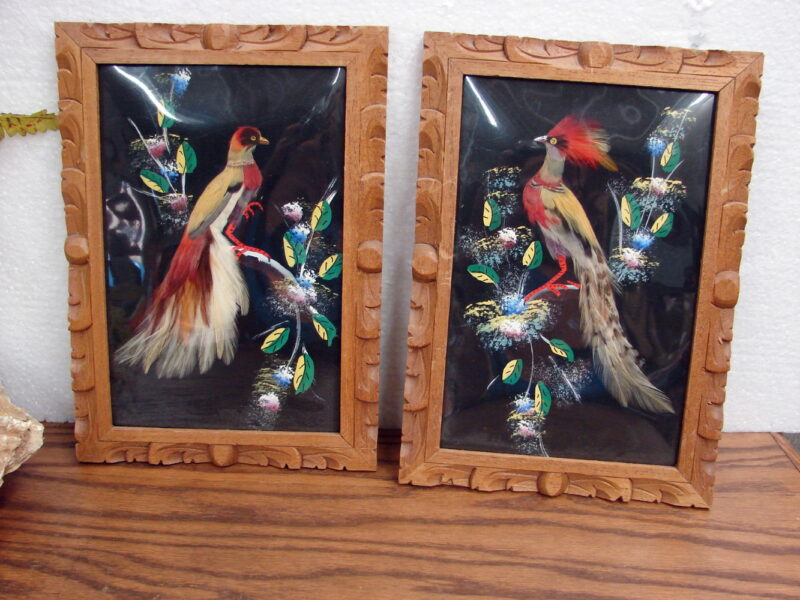 Vintage Folk Art Feather Craft Bird Feather Picture Wood Carved Frame Mexico, Moose-R-Us.Com Log Cabin Decor