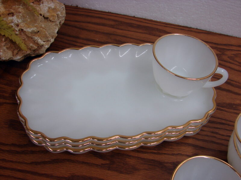 Vintage Fire King Milk Glass Gold Trim Snack Set Star Bottom Cups Set for 4, Moose-R-Us.Com Log Cabin Decor