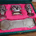 1940's Occupied Japan Silver Grape Cobalt Blue Boxed Salt Pepper Sugar Set
