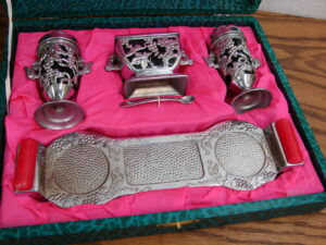 1940's Occupied Japan Silver Grape Cobalt Blue Boxed Salt Pepper Sugar Set