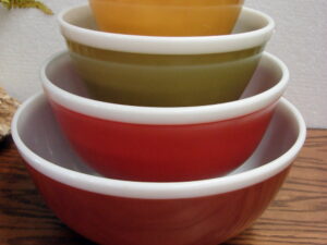 Vintage PYREX Lime Green Band Gold Trim Dinnerware 6&#8243; Berry Bowl Set/4, Moose-R-Us.Com Log Cabin Decor