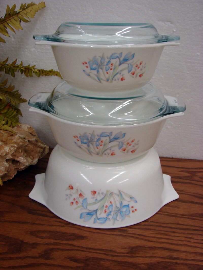 Set/3 Vintage PYREX Blue Iris Made in England Casserole w/ Blue Tint ...