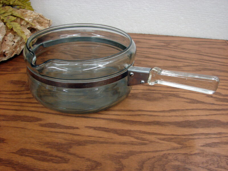 Vintage PYREX Flameware Blue Glass Spout Stove Top Pan w/ Handle, Moose-R-Us.Com Log Cabin Decor