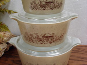 Set/3 Vintage PYREX Forest Fancies Mushroom Cinderella Round Casserole Sets w/ Lids
