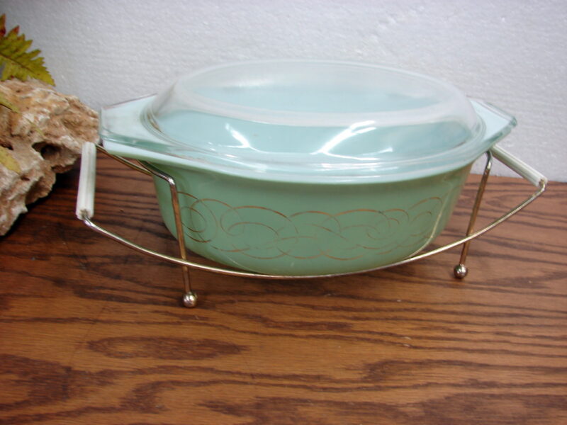 Vintage PYREX Sage Green Golden Scroll #043 w/ Cradle As Is, Moose-R-Us.Com Log Cabin Decor