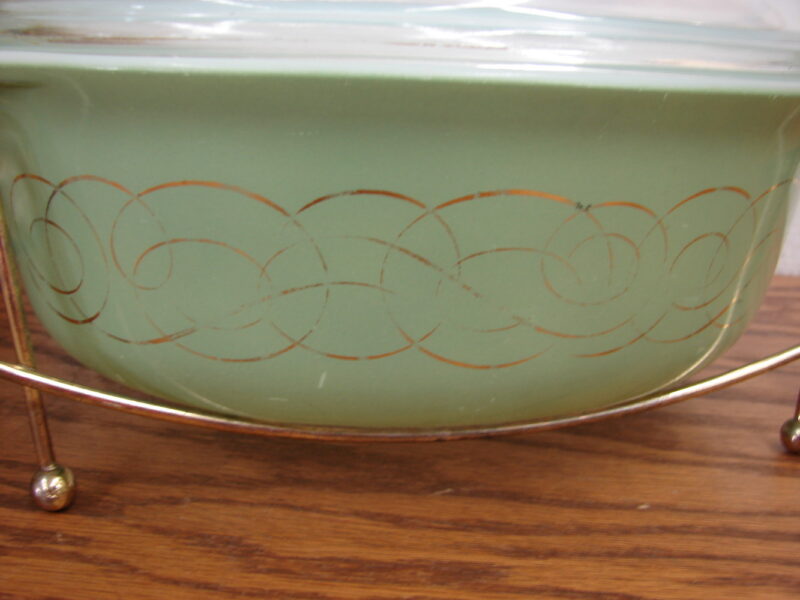 Vintage PYREX Sage Green Golden Scroll #043 w/ Cradle As Is, Moose-R-Us.Com Log Cabin Decor