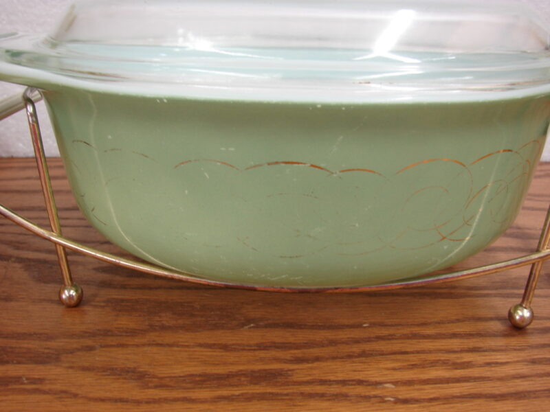 Vintage PYREX Sage Green Golden Scroll #043 w/ Cradle As Is, Moose-R-Us.Com Log Cabin Decor