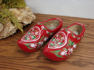 Vintage Made in Holland Red Rosemaling Wood Clogs Dutch Wooden Shoes