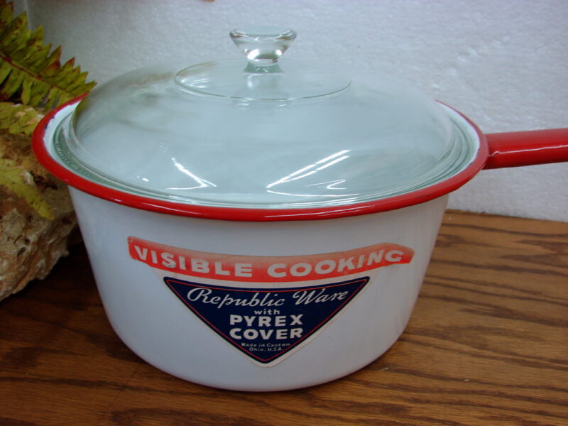Vintage Republic Ware Enamelware Pyrex Lid Paper Label Visible Cooking, Moose-R-Us.Com Antiques Collectibles Log Cabin Decor