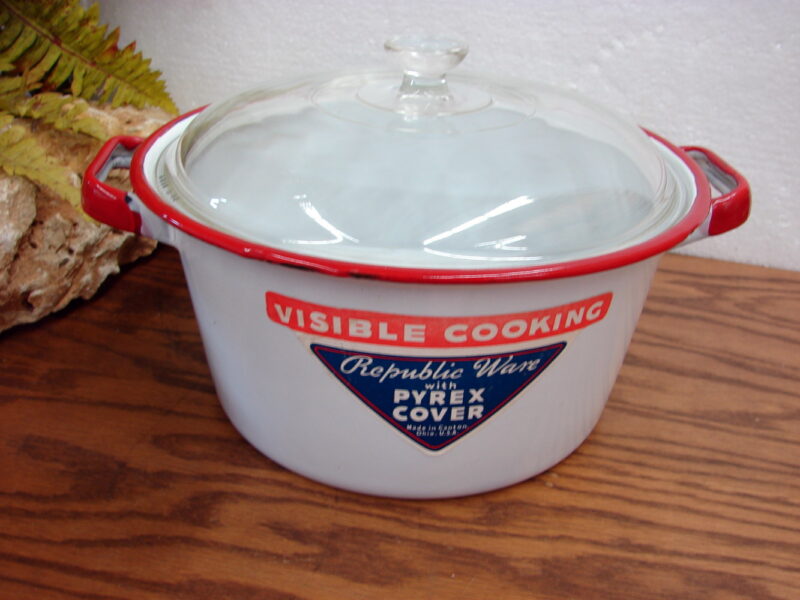 Vintage Republic Ware Enamelware Pyrex Lid Paper Label Visible Cooking, Moose-R-Us.Com Antiques Collectibles Log Cabin Decor