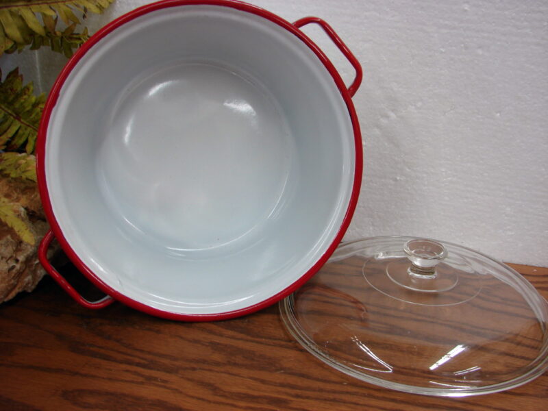 Vintage Republic Ware Enamelware Pyrex Lid Paper Label Visible Cooking, Moose-R-Us.Com Antiques Collectibles Log Cabin Decor