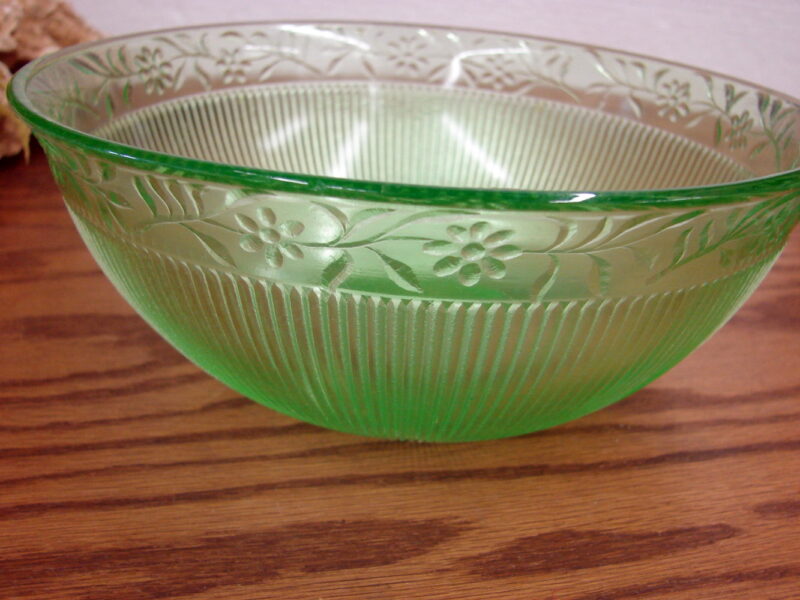Vintage Vaseline Glass Uranium Floral Vine Ribbed Bowl, Moose-R-Us.Com Log Cabin Decor