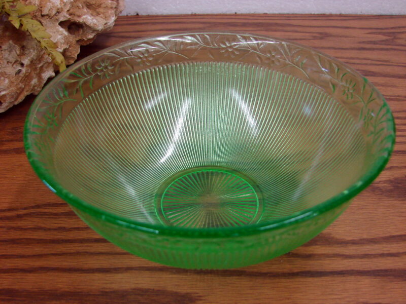 Vintage Vaseline Glass Uranium Floral Vine Ribbed Bowl, Moose-R-Us.Com Antiques Collectibles Log Cabin Decor