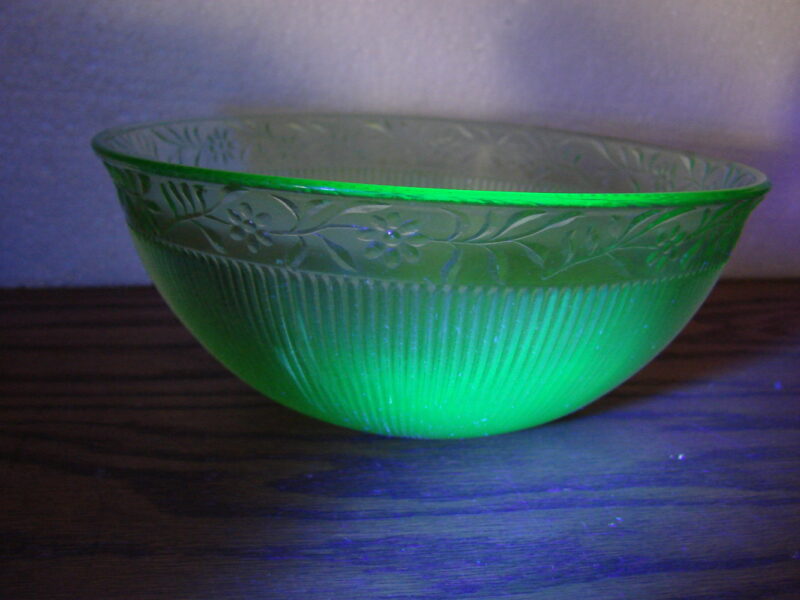 Vintage Vaseline Glass Uranium Floral Vine Ribbed Bowl, Moose-R-Us.Com Antiques Collectibles Log Cabin Decor