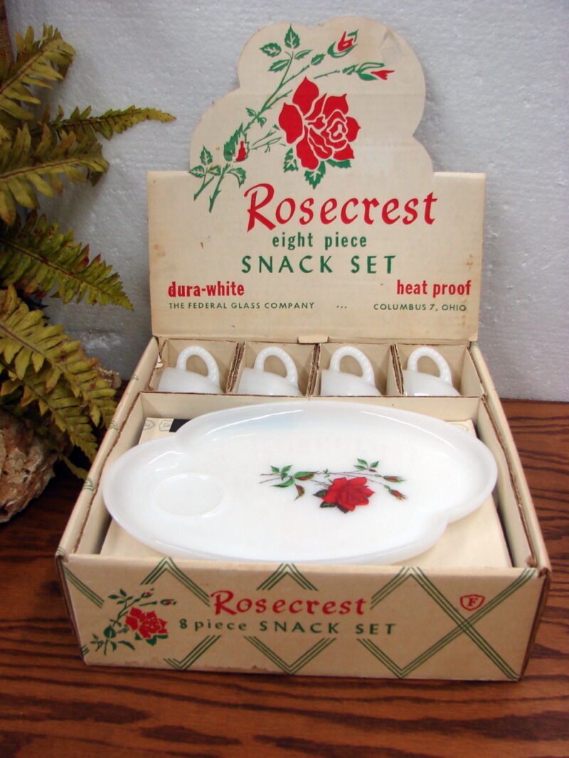 Vintage Federal Glass Red Rose Rosecrest Milk Glass Snack Set 16 pc, Moose-R-Us.Com Antiques Collectibles Log Cabin Decor