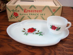 Two Vintage Federal Glass Company Hospitality Snack Set 8 Cups 8 Plates, Moose-R-Us.Com Antiques Collectibles Log Cabin Decor