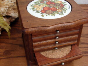 Vintage Corning Ware Spice of Life Wood Cork Coaster Set in Wooden Box