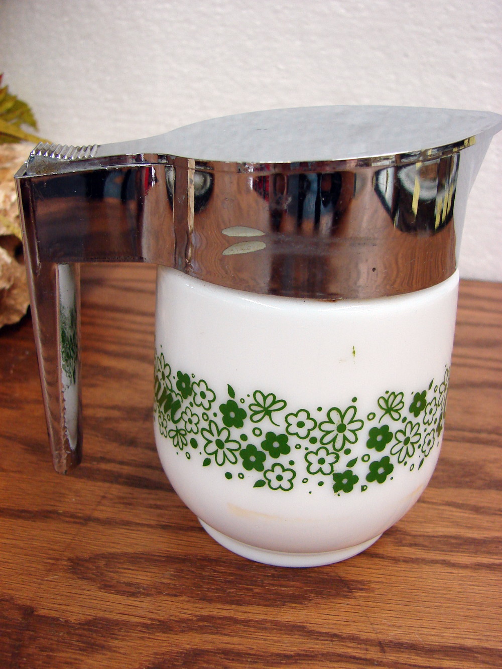 Vintage Spring Green Crazy Daisy Milk Glass Gemco Oversized Creamer Pitcher w/ Lid - Image 2