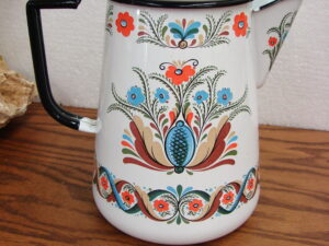 Vintage Swedish Berggren Enamelware Bouquet Feathery Design Large Coffee Tea Server Pot