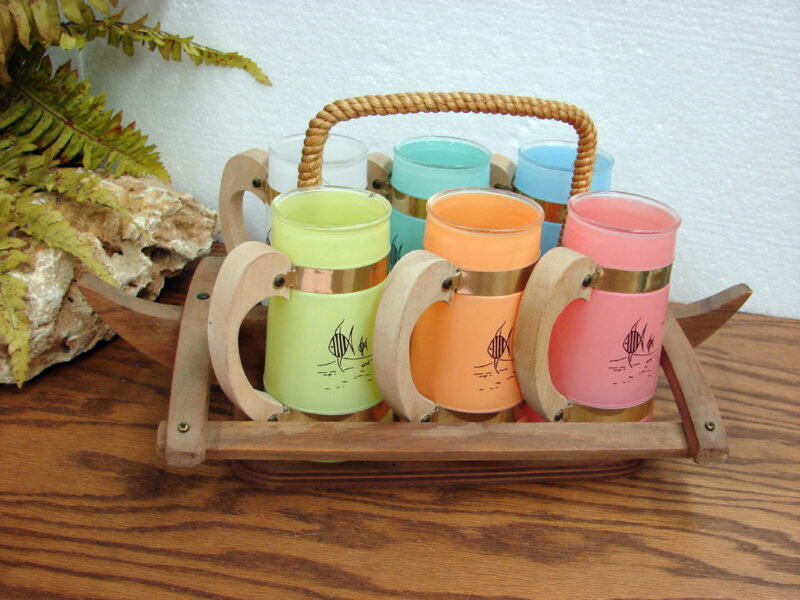 Siesta Ware Tiki Steins Beverage Mugs W/ Wood Outrigger Canoe Carrier, Moose-R-Us.Com Log Cabin Decor