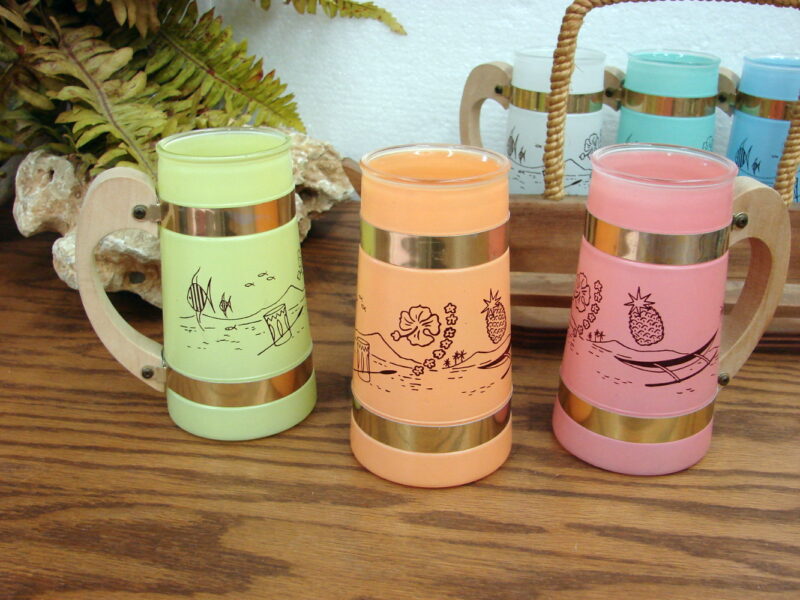 Siesta Ware Tiki Steins Beverage Mugs W/ Wood Outrigger Canoe Carrier, Moose-R-Us.Com Log Cabin Decor