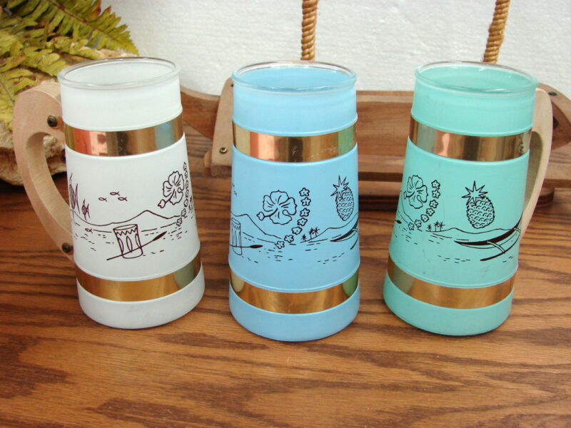 Siesta Ware Tiki Steins Beverage Mugs W/ Wood Outrigger Canoe Carrier, Moose-R-Us.Com Log Cabin Decor