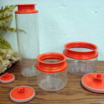 Vintage Tupperware Push Button Seal Canister Set/3 Orange Lids