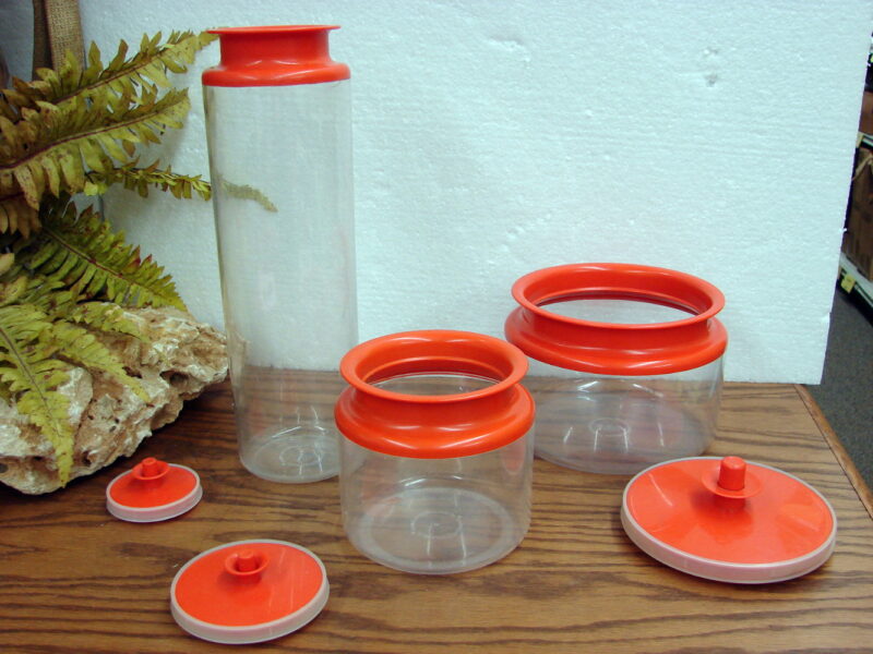 Vintage Tupperware Push Button Seal Canister Set/3 Orange Lids, Moose-R-Us.Com Log Cabin Decor