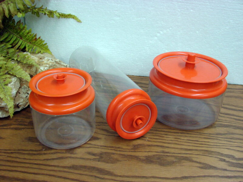 Vintage Tupperware Push Button Seal Canister Set/3 Orange Lids, Moose-R-Us.Com Log Cabin Decor