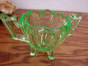 Vintage Vaseline Glass Uranium Etched Pitcher Flowers Leaves, Moose-R-Us.Com Log Cabin Decor