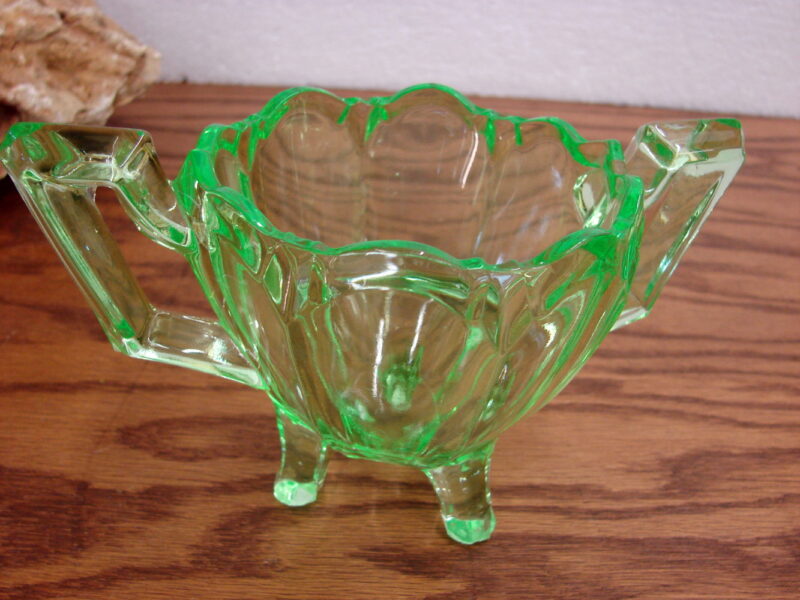 Vintage Vaseline Glass Uranium Double Handle Footed Sugar Bowl, Moose-R-Us.Com Antiques Collectibles Log Cabin Decor