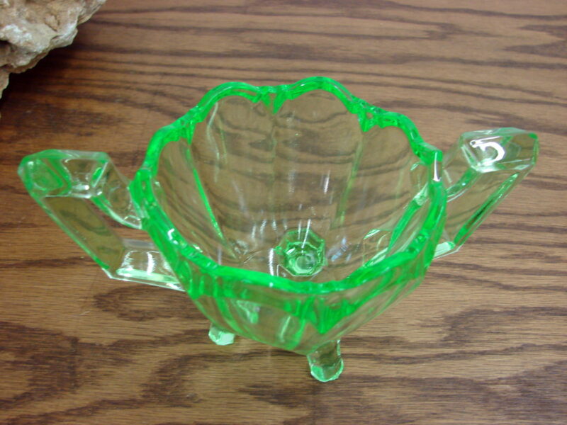Vintage Vaseline Glass Uranium Double Handle Footed Sugar Bowl, Moose-R-Us.Com Antiques Collectibles Log Cabin Decor