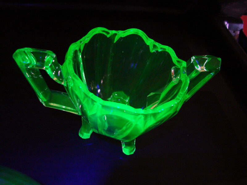 Vintage Vaseline Glass Uranium Double Handle Footed Sugar Bowl, Moose-R-Us.Com Antiques Collectibles Log Cabin Decor