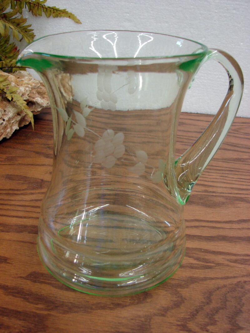 Vintage Vaseline Glass Uranium Etched Pitcher Flowers Leaves, Moose-R-Us.Com Log Cabin Decor