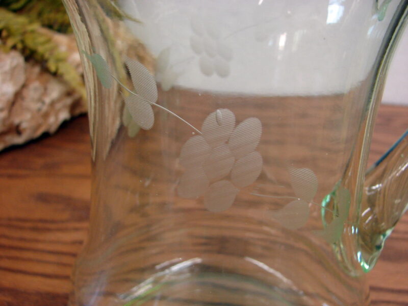 Vintage Vaseline Glass Uranium Etched Pitcher Flowers Leaves, Moose-R-Us.Com Log Cabin Decor