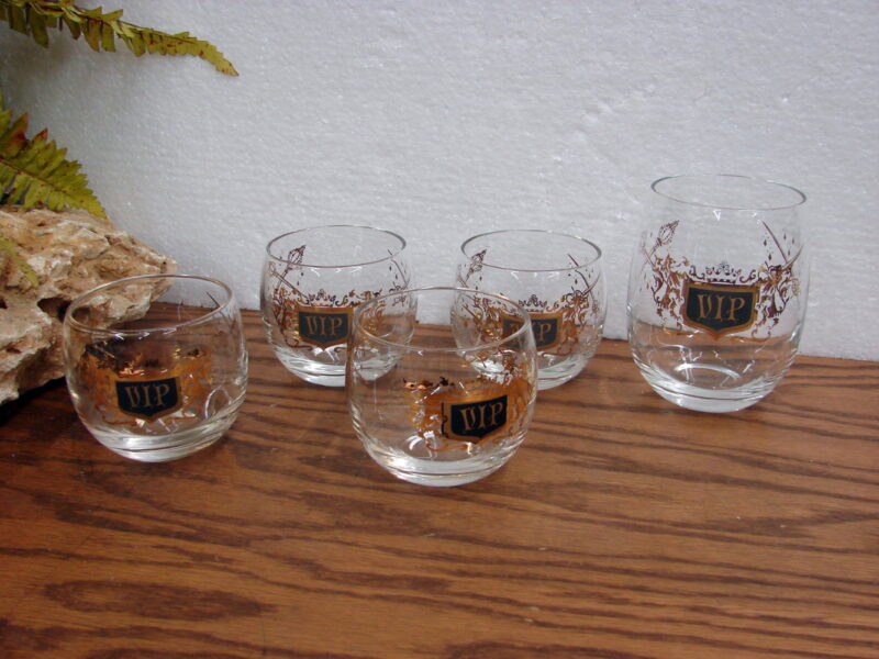 Vintage MCM Black Gold VIP Rocks Old Fashion Glasses Barware, Moose-R-Us.Com Log Cabin Decor