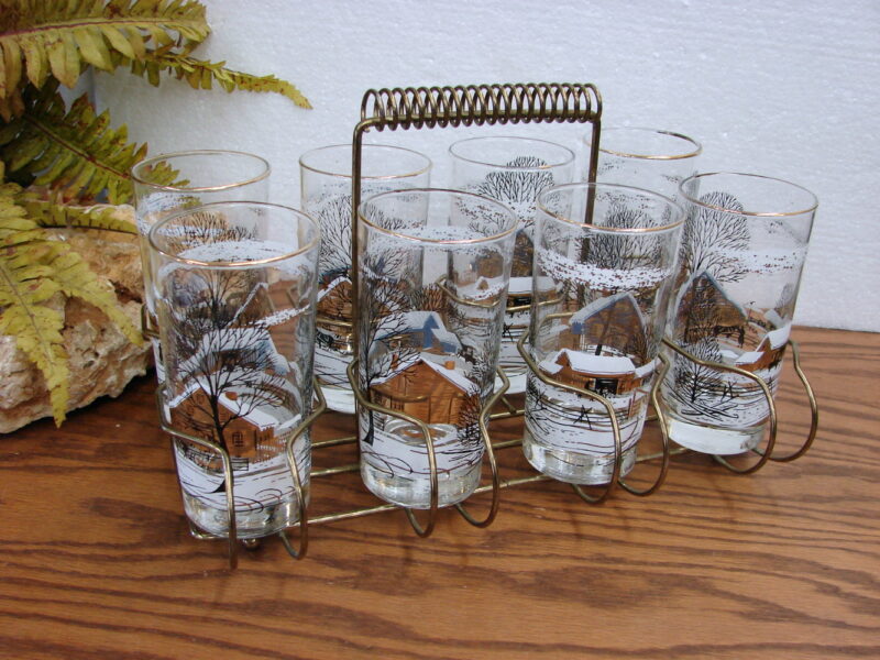 Vintage Libbey Gold Barn Winter Scene Trees Horse Set/8 Tumblers in Carrier, Moose-R-Us.Com Log Cabin Decor