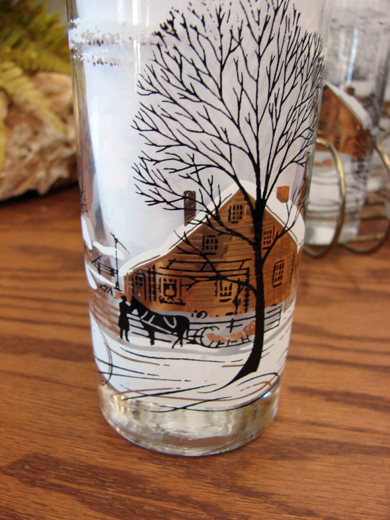 Vintage Libbey Gold Barn Winter Scene Trees Horse Set/8 Tumblers in Carrier, Moose-R-Us.Com Log Cabin Decor