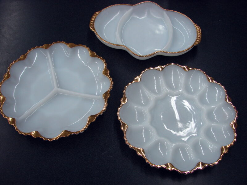 Vintage Anchor Hocking Milk Glass Gold Trim Divided Round Dish Triple Section, Moose-R-Us.Com Log Cabin Decor