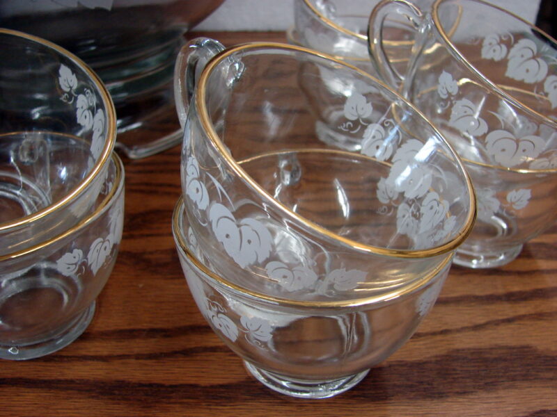 Vintage Anchor Hocking Clear Punch Bowl White Grape Leaf Gold Trim 14 Pieces, Moose-R-Us.Com Log Cabin Decor